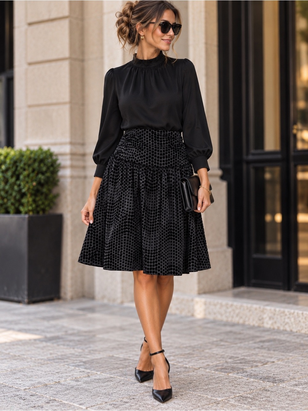 NWT ANTHROPOLOGIE MAEVE Black Velvet Polka Dot Taffeta Skirt Size 2 Holiday